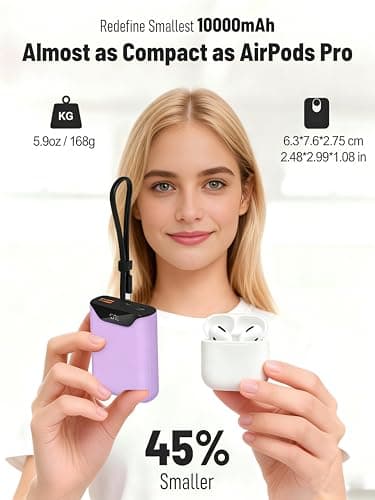 Small Power Bank, 10000mAh Fast Charging Portable Charger with Built-in USB-C In/Out Cable for Travel, LED Display Mini Battery Pack for 17/16/15/14/13, iPad, Andriod and More (Purple) — view 3