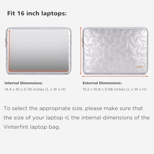 Vinterfint 15 16 inch Laptop Sleeve Case for 15"MacBook Pro/Air M5 M4,16" MacBook Pro M5 M4,15" Surface Laptop 6,15"IdeaPad Slim 5i Gen 9｜3i Gen 8/9,16.3" XPS 16,HP ThinkPad Notebook Bag Cover,Silver — view 3