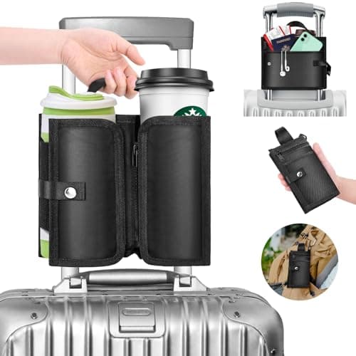 Yotako Suitcase Cup Holder, Portable Travel Cup Holder with Handle, Foldable, Black, Faux Leather, Holds Two Coffee Mugs & 3 Zippered Pockets for Beverages & Valuables, Airport Travel Accessory