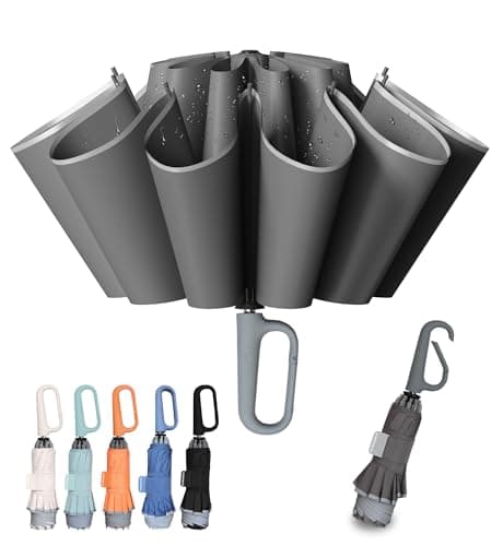 TUMAAOTU Compact Inverted Umbrella with Never Forget Carabiner Handle - Travel Umbrella Windproof Strong, Reverse Umbrellas for wind rain, Auto Open Close, 10 Rib Durable Frame for Women Men (Grey)