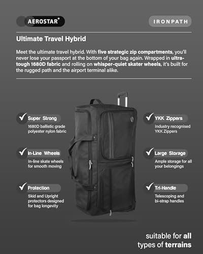 Aerostar 32" Large Lightweight Duffle 2 Wheel Travel Bag Holdall Suitcase Check-in Luggage Ironpath (122L, Black) — view 2