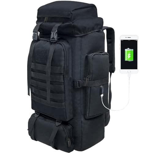 Vaupan Hiking Backpack, 80L Camping Military Tactical Backpack with USB Charging Port, Waterproof Large Travel Daypack Outdoor MOLLE Rucksack for Men Women (Black)