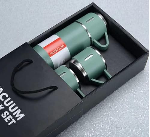 Modern Travel Thermal Flask Set - Flask set Stainless Steel Vacuum Insulated Bottle with Extra 2 Cup for Hot and Cold Drink (Green)