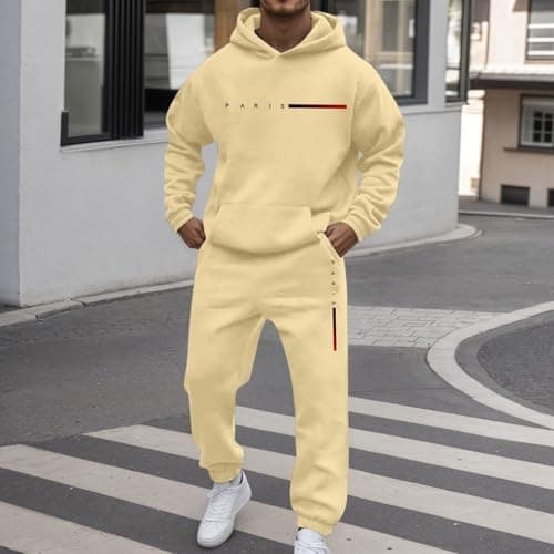 Mens Outfits Camouflage Print Athletic Hoodie with Joggers Sweatpants Casual Sports Activewear Set Adults Loungewear for Travel 2 Piece Casual Sweat Suits Holiday Clothing (Beige, S) — view 3