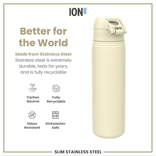 Ion8 Lightweight Steel Water Bottle, 600 ml/20 oz, Non-Insulated, Leak Proof, Easy to Open, Secure Lock, Dishwasher Safe, Flip Cover, Fits Cup Holders, Carry Handle, Metal Water Bottle, Creamy White — view 5