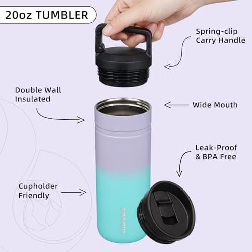 BJPKPK Insulated Water Bottle with 2 Lids,600ml Double Wall Stainless Steel Vacuum Tumbler Travel Coffee Mug,Wide Mouth Thermal Cup,Lavender Green — view 3