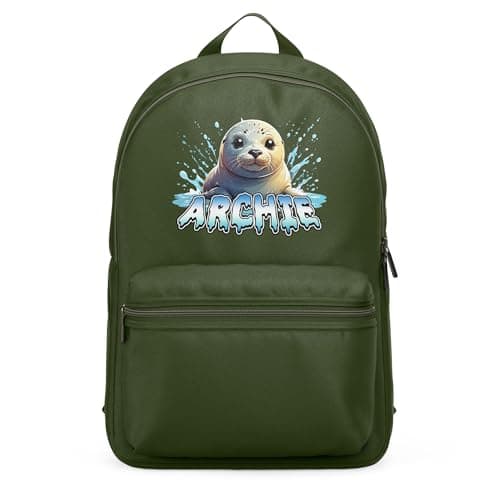 Purple Print House Kids Seal Custom Mini Backpack Personalised Name Back to School Nursery Bag for Boys Girls Toddlers New Term Gift, One Size, Olive Green