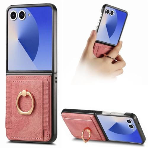 Knoowcase for Samsung Galaxy Z Flip 7 Phone Case Wallet Shockproof Bumper with Ring Holder Card Slots PU Leather Case Anit-Fall Anti-Drop Kickstand Back Cover for Samsung Z Flip 7 Case,Pink