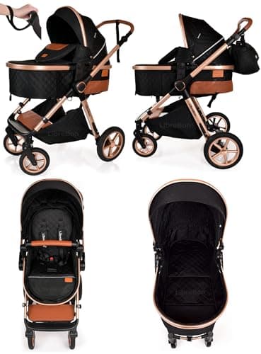 Baby Buggy Pram Pushchair Stroller 3 in 1 Child Lightweight Folding Stroller 3 in 1 Travel System Pram for Newborns & Toddlers from Birth Aluminum (Black - Rose Gold Frame) — view 4
