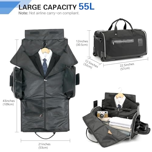 TONRUYN Rolling Garment Bag for Travel Suit Bag with Wheels Handle 55L Carry on Garment Duffle with Shoe Compartment for Men Women 3 in 1 Trolley Convertible Suit Carrier for Business Wedding, Black — view 4