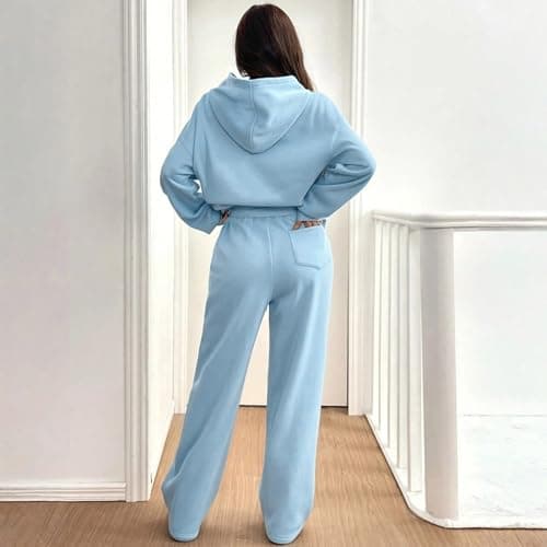 Tracksuit Womens Full Set Oversized 2 Piece Outfits Long Sleeve Hoodie and Sweatpants Women Lounge Wear Sets Fashion Sweatsuits Wide Leg Jogger Loose Loungewear Gym Fitness Activewear Set Sky Blue L — view 2