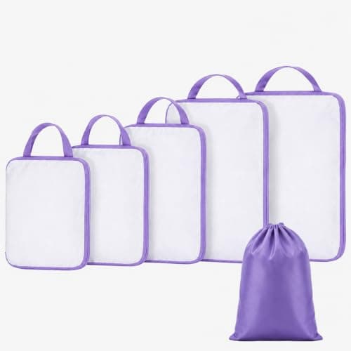 Travel Compression Packing Cubes – 6 Set Recycled Ripstop Nylon Suitcase Organiser, Space Saving Expandable Luggage Cubes with Shoes Bag, Zippers, Tear Resistant (purple, 6)
