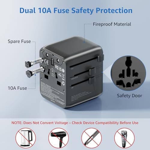 Universal Travel Adapter with 3 USB C and 2 USB A Ports, 28W Travel Plug Adapter Worldwide, International Travel Adapter with Extra US Socket, Universal Plug Adaptor Dual 10A Fuses for EU US UK AUS — view 6