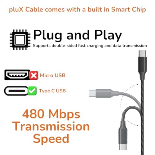 pluX USB A to USB C Cable 0.25m - Short 3A Fast Charging Lead with 480Mbps Data Sync, Portable Power Bank Cable for Samsung Galaxy S21 S20, Z Flip, Pixel, iPad Mini, Android Auto, Black (25cm) — view 4