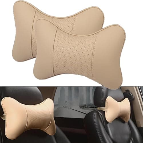 2 Pieces Car Neck Pillows for Lexus ES Sedan ES Hybrid/ES 200 /ES 240, Ergonomic Memory Foam Neck Support Cushion Pillow PU Leather Seat Head Neck Rest Cushion for Travel Driving, C/Beige — view 3