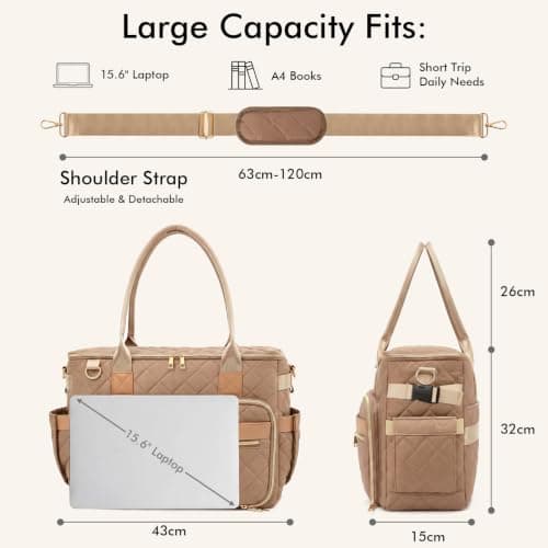 XIAPIA Laptop Tote Bag for Women 15.6 Inch, Quilted Work Bag,Khaki — view 2