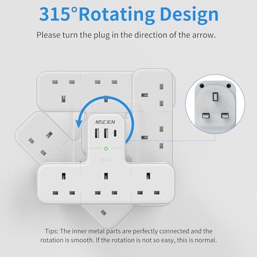 Mscien Multi Plug Adaptor, 6 in 1 Plug Extension Socket 3 Way 3 USB(3.4A,1 Type-C), Wall Socket UK Power Strip with 315 Degree Rotation, Plug Adapter Surge Protected Extender For Home Office — view 2