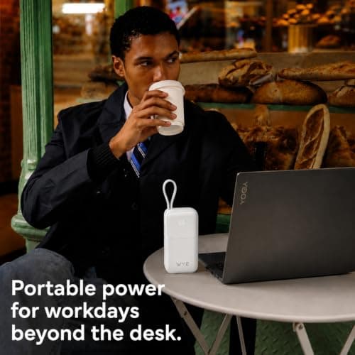 WYE 10000mAh Portable Power Bank with Built-in USB-C & Lightning Cables, 22.5W Fast Charging External Battery Pack, Compact Powerbank Charger for iPhone, Samsung, Pixel and Android - White — view 2