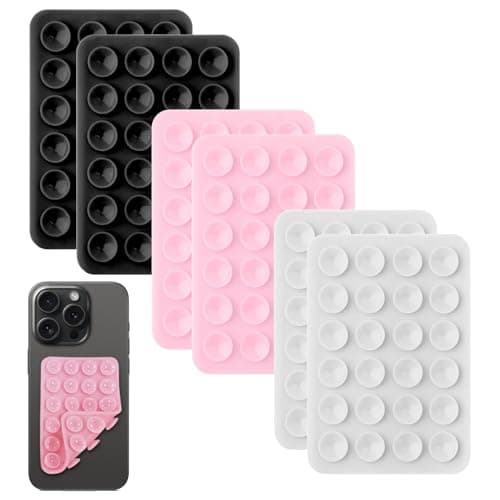 6PCS Double Sided Phone Suction Pad, 24-Suction Grips Silicone Phone Holder, Anti-Slip Hands-Free Sticky Pad for Shower Mirror, Car Dashboard, Wall, Gym, Selfies Videos (Black, White, Pink)