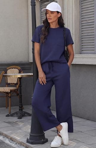 GRECERELLE Airport Two Piece Travel Outfits Set for Women Summer Short Sleeve Casual Crew Neck Tracksuit Womens Full Set Cap Sleeve Tops and Jogging Bottoms with Pockets (Navy Blue, L) — view 2