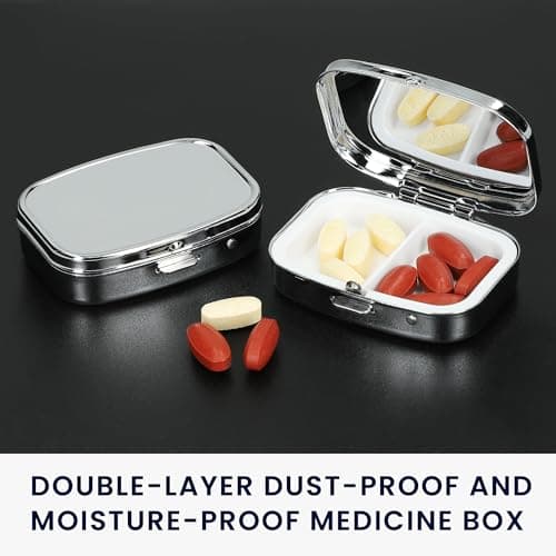 kwmobile 2X Pill Box Stainless Steel Silver - Portable Travel Box, Organizer for Tablets, Supplement Holder, Metal Case Storage, 2 Compartments for Medicine — view 2