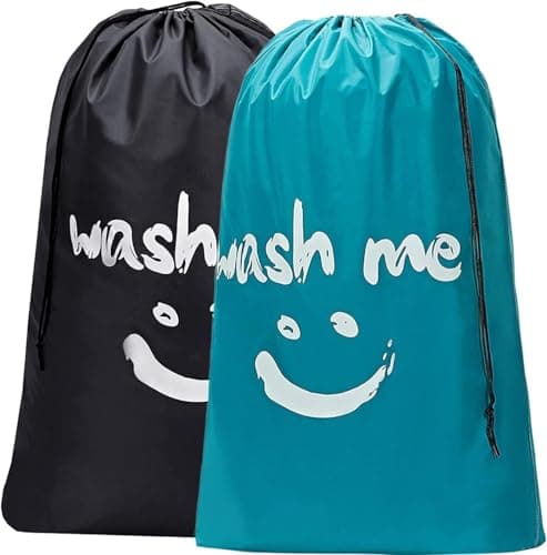 CJWLKJ 2-Pack XL Travel Laundry Bag, Machine Washable Dirty Clothes Organizer, Large Enough to Hold 4 Loads of Laundry, Easy Fit a Laundry Hamper or Basket (Black+Sky Blue)