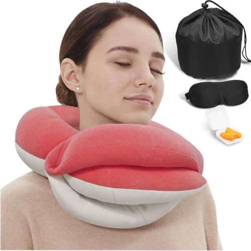 BUYUE Travel Neck Pillows for Airplanes, 360° Head Support Sleep for Long Flight, Skin-Friendly & Breathable, Kit with 3D Contoured Eye Mask, Earplugs and Storage Bag (Adult, Pink, 100+ lbs)