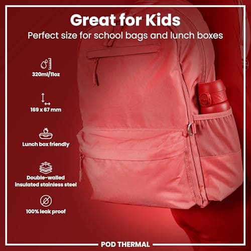 Ion8 Vacuum Insulated Steel Water Bottle, 320 ml/11 oz, Leak Proof, Easy to Open, Secure Lock, Dishwasher Safe, Carry Handle, Metal Water Bottle, ThermoShield Stainless Steel, Red — view 2