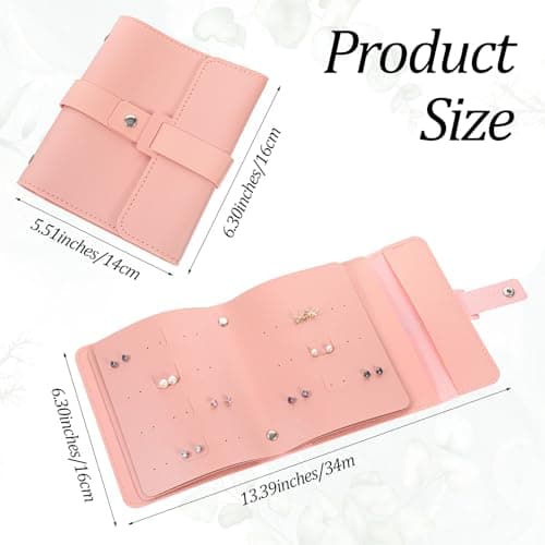 Xinjoduz Earring Storage Organiser with Foldable Book Design Stud Travel Jewellery Box, Waterproof Portable Pu Leather Travel Earring Case, Earrings Holder Case for Mother Women Girls Gift(Pink) — view 2