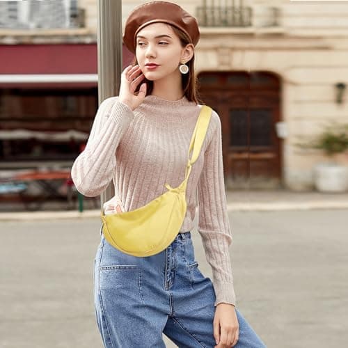 GoPaw Crescent Bag for Women, Nylon Half Moon Bag Women Crossbody Bag with Adjustable Strap, Solid Color Dumpling Bag Portable Crescent Purse for Daily Use(Yellow) — view 2