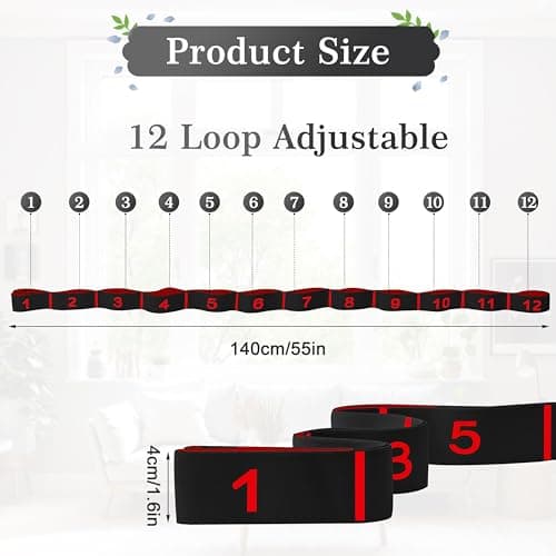 Resistance Bands, Long Fabric Stretch Strap Elastic Yoga Stretching Strap Multi-Loop for Physical Therapy, Pilates, Yoga, Dance & Gymnastics Exercise and Flexible Pilates 12 Loops (Black red) — view 2