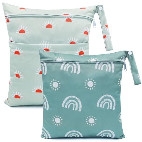FenFang Wet Bag, 2 PCS Wet Dry Bags for Cloth Diapers Nappy Daycare Organiser Storage Bags, Waterproof Washable Reusable Zipper Bag (Green Rainbow)