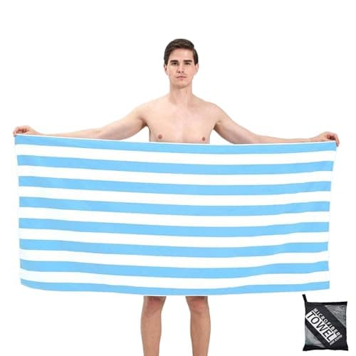 Large Microfibre Beach Towel for Adult,160x90cm Double Side Sand Free Beach Towel,Blue Striped Lightweight Quick Dry Travel Swim Towel with Bag,Compact and Thin Sports Towel Yoga Gym for Women Men