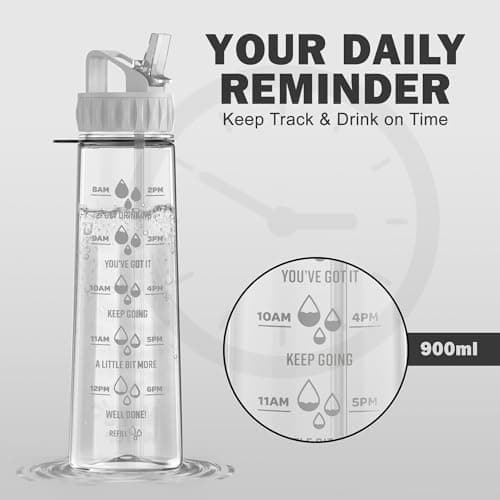More Water Bottle With Straw, Motivational Time Markings 900ml - Drinking Tracker Bottles - Times to Drink - BPA Free Sports Bottles — view 3
