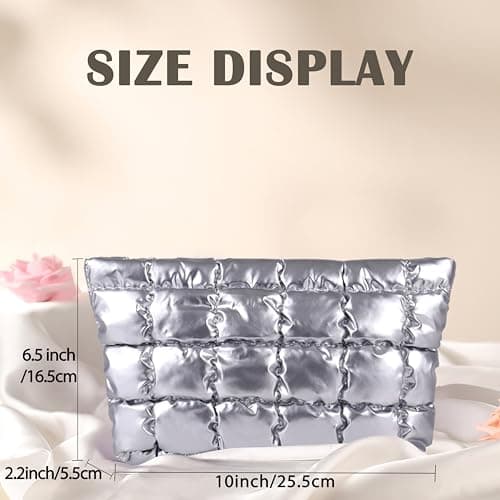 HFLZBRO Puffy Quilted Makeup Bag, Cosmetic Bag, Travel Toiletry Organizer Pouch, Clutch for Women (Silver) — view 4