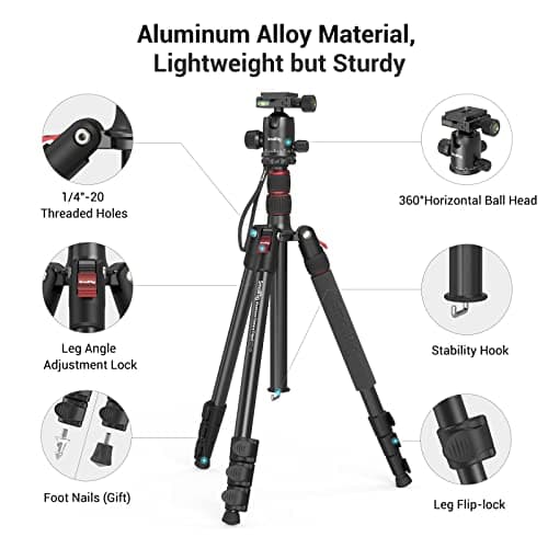 SMALLRIG 72" Aluminum Camera Tripod, Lightweight Tripod & Monopod with Ball Head and Quick Release Plate, Travel Tripods for DSLR, Camera, Phone, Payload 15kg / 33lb - 3935 — view 6