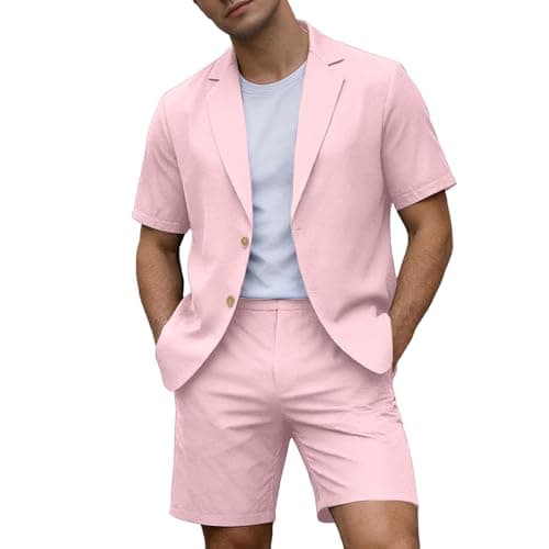 RUMAOZIA Men's Linen Summer Lightweight Suits Short Summer Shirt Set Figure-Shaping Travel Linen Suit Urban Breathable Expedition Oversize Short Sleeve Suit Beach Two Piece Leisure Suit, O Rosa, L