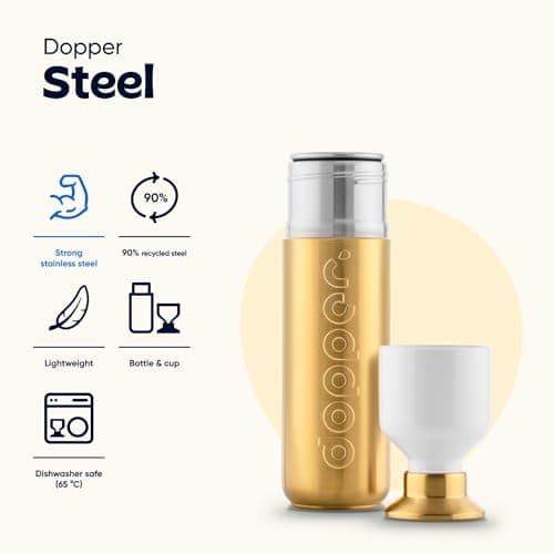 Dopper Steel Gold drinking bottle 490ml - stainless steel water bottle - BPA free water bottle, 18/8 stainless steel, leakproof - sports bottle for sports, outdoor & office — view 3