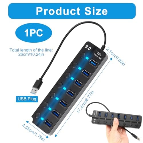 7 Port USB 3.0 Hub USB Extender with Individual Switches and Lights — view 2