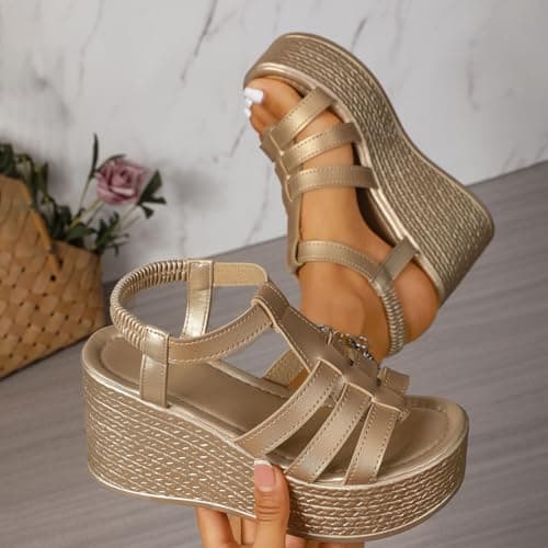 Women's Open Toe Espadrille Platform Wedge Sandals With Adjustable Ankle Strap Summer Casual Lightweight Soft Hollow Out Walking Wedge Sandal Fashion Holiday Outdoor Vacation Going Out Shoes (Gold, 5) — view 3