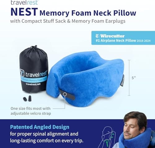 TRAVELREST Nest Neck Pillow for Travel - Advanced Support for Long Flights, Memory Foam Patented Design for Optimal Relaxation, Ergonomic, and Washable, On-the-Go and Attaches to Luggage - Blue — view 2
