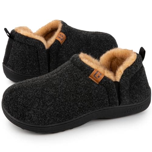 LongBay Men's Slippers Warm Memory Foam House Shoes Winter, Black 6/7 UK