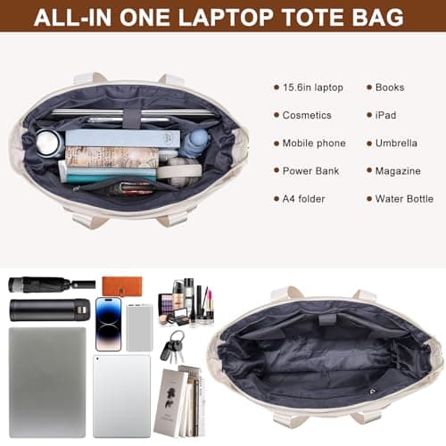 Kuosdaz Teacher Tote Bag for Women 15.6in Laptop Bag Work Bag Nurse Bag, Professional Briefcase Computer Purse Handbag, Large Utility Tote Messenger Shoulder Bag, Beige — view 4