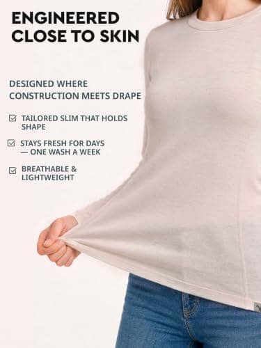MERINNOVATION 100% Merino Wool Base Layer for Women - Long Sleeve Crew Neck Thermal Top Merino Wool Women's Shirt, Natural White 250, M — view 6