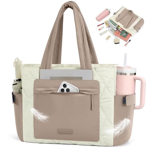 RAINSMORE 15.6 Inch Puffer Laptop Tote Bag for Women Large Quilted Cloud Bag with 15 Pockets and Luggage Sleeve Lightweight Water-Resistant Work Handbag for Teacher, Travel, Gym, School Khaki White