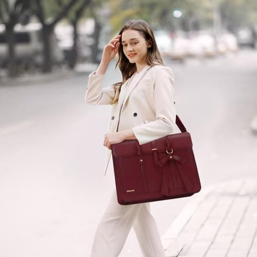 MOSISO Laptop Bag for Women,16 inch PU Leather Computer Bag, Wine Red — view 2
