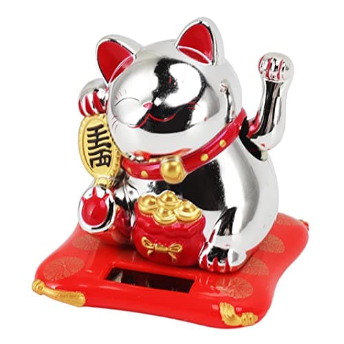 KymAr Lucky Money Cat, Solar Powered Waving Cat Wealth Welcoming Solar Cute Happy Lucky Cat Fortune Cat Statue Ornament for Home Car Decor(Blessing Bag Gold) (Blessing Bag Silver)