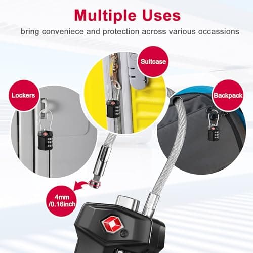 ZHEGE TSA Approved Luggage Locks, Wire Padlock, 3 Digit (2P, Black) — view 6