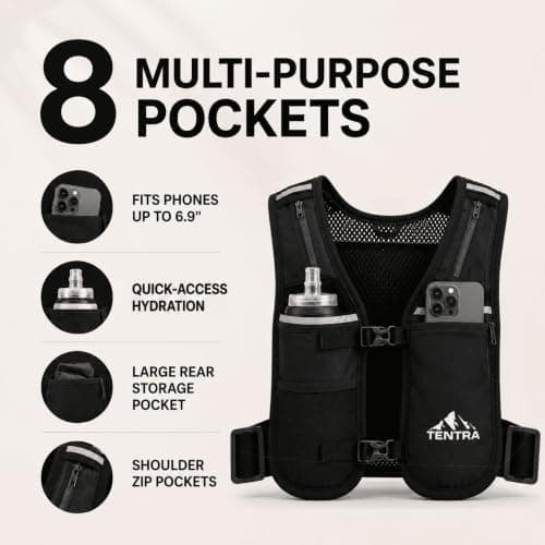 TENTRA Running Vest For Women Men With 500ml Water Bottle | Waterproof Phone Holder | Unisex Adjustable Reflective Vest | 8 Pockets, Lightweight Running Hydration Vest | Running Accessories — view 2