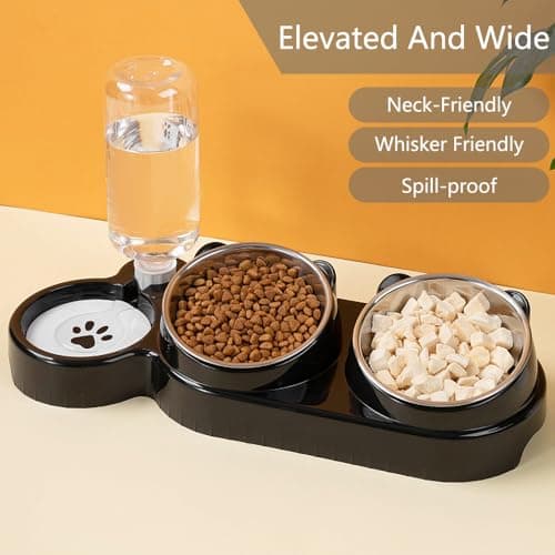3-in-1 Cat Food and Water Bowl Set, Tilted Stainless Steel Bowls with Stand, Double Food Bowls with Water Dispenser, Pet Feeding Station for Cats Small Dogs, Black — view 5